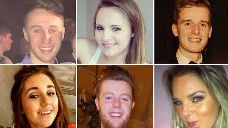 Berkeley balcony victims, clockwise from top left, Niccolai Schuster, Ashley Donohoe, Lorcan Miller, Olivia Burke, Eoghan Culligan and Eimear Walsh 