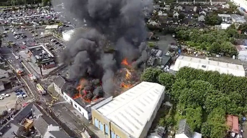 Drone footage of the fire at premises on Strabane&#39;s Railway Street on Sunday. Image by Ciaran Gallagher 
