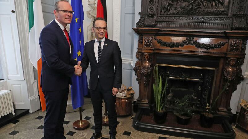 T&aacute;naiste Simon Coveney and Minister for Foreign Affairs &amp; Trade (left) with Heiko Maas, the German Federal Minister for Foreign Affairs, ahead of official talks at Iveagh House in Dublin&nbsp;