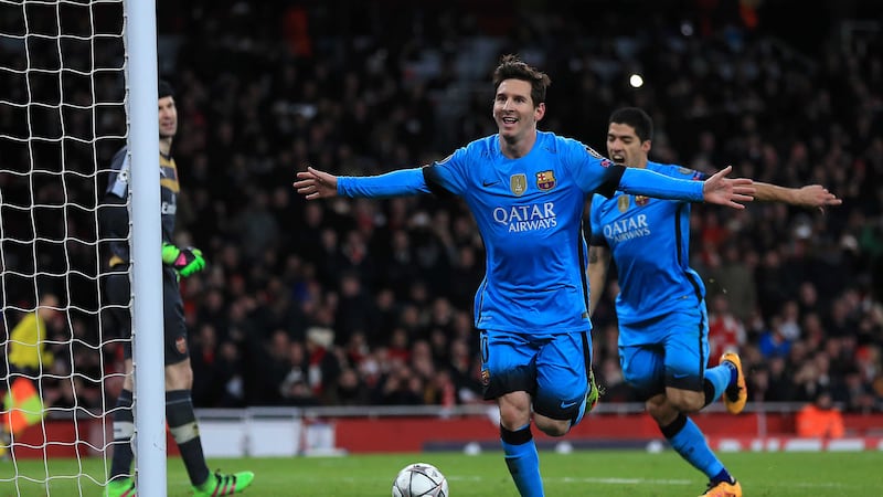Barcelona's Lionel Messi celebrates scoring from the penalty spot during Tuesday's Uefa Champions League match against Arsenal at the Emirates<br />Picture by PA