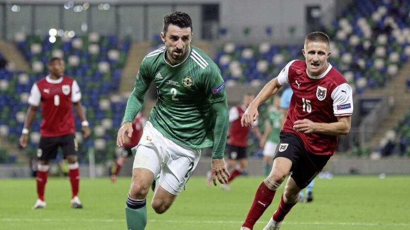 Northern Ireland&#39;s Conor McLaughlin up against Austria&#39;s Reinhold Ranftl during the Nations League match at Windsor Park. 