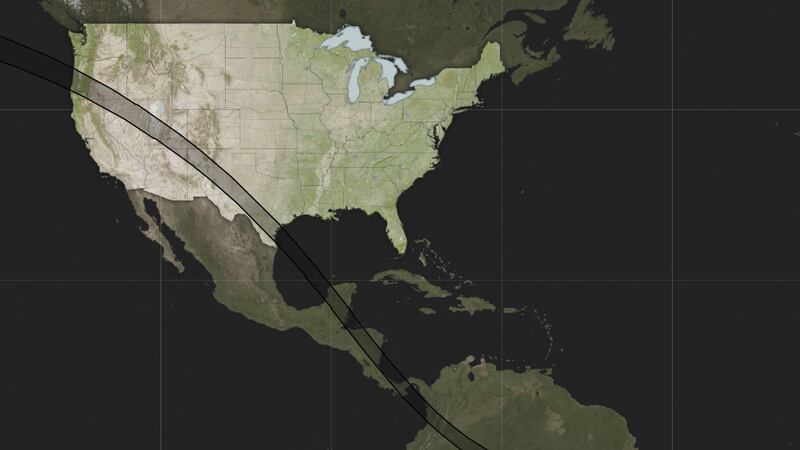 This map provided by NASA shows where the annular solar eclipse will cross North, Central, and South America (Nasa via AP)