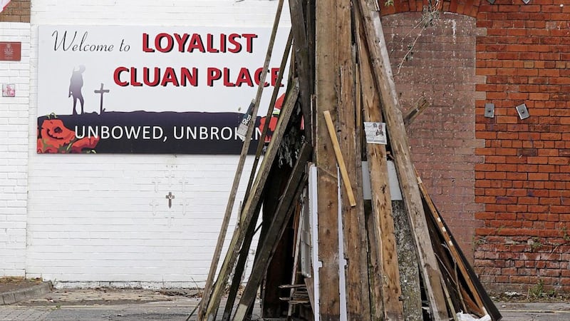 A bonfire at Cluan Place in east Belfast where the PSNI removed a much larger one on the Eleventh Night 