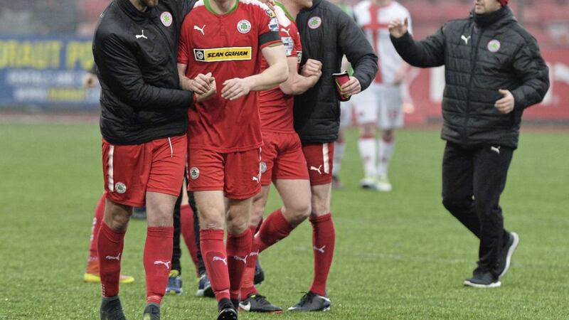 Cliftonville players Joe Gormley and Shane Grimes following a game at Solitude last month. Picture by Colm Lenaghan, Pacemaker 