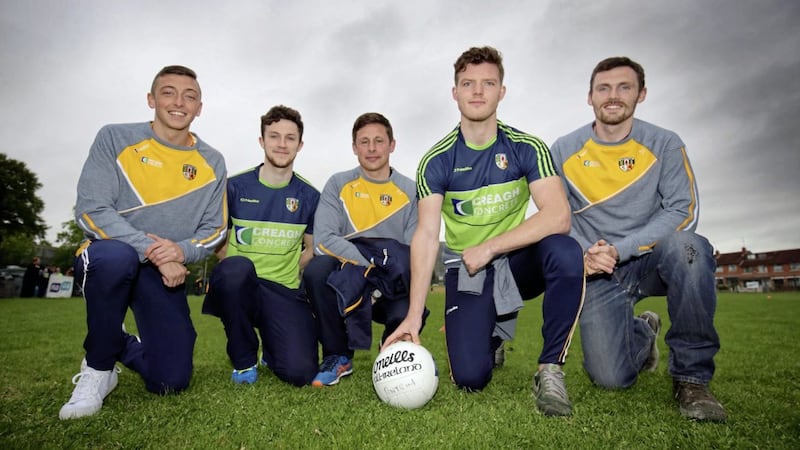 Antrim players pictured with joint-boss Gearoid Adams at a press event at O&#39;Donnell&#39;s GAC, Belfast night ahead of Sunday&#39;s Ulster SFC quarter-final againist Donegal in Ballybofey Picture by Cliff Donaldson 