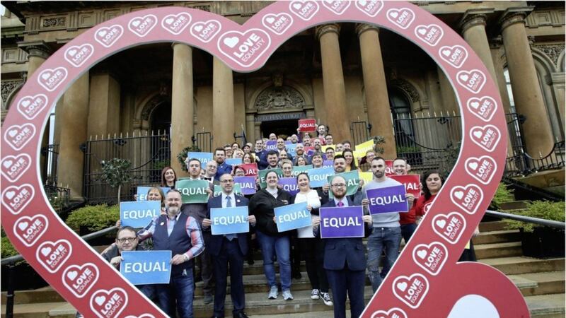 Marriage equality campaigners in Belfast ahead of the October 21 deadline. Picture by Hugh Russell. 