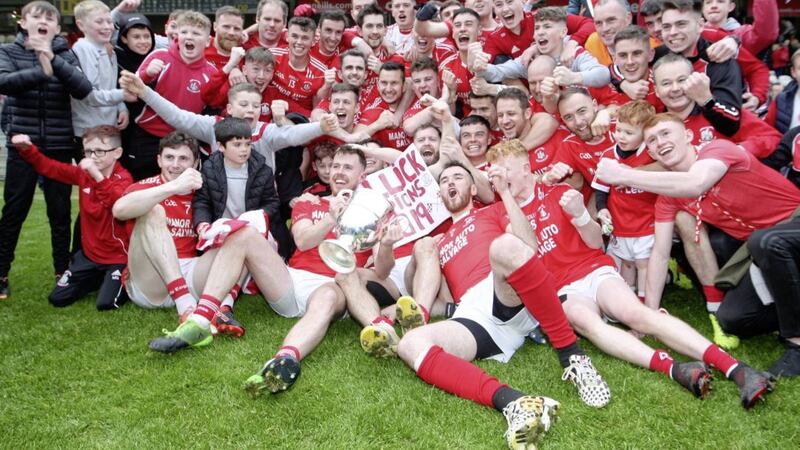 Tyrone champions Trillick pictured with the O&#39;Neill Cup. Picture by Philip Walsh 