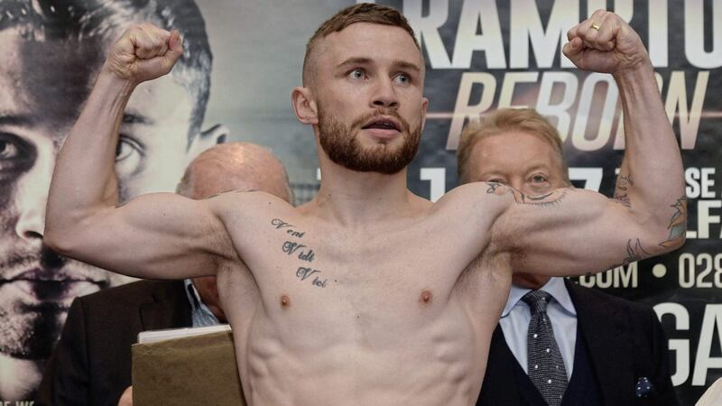 Carl Frampton at a weigh-in at the Clayton Hotel in Belfast earlier this month. Picture by Colm Lenaghan, Pacemaker 