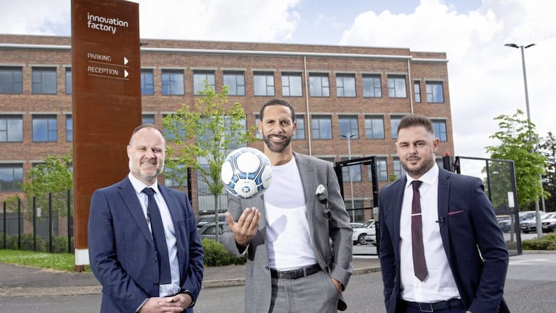 Rio Ferdinand officially opened the office of New Era Global Sports Management at the Innovation Factory in Belfast. This is the first satellite office for the agency, which represents some of the world&#39;s top sports talent. Ferdinand, New Era Ambassador, is pictured with Shane Smith, Innovation Factory Community Engagement Officer (left), and former professional player Lee Mudd, who is running the Belfast office. 