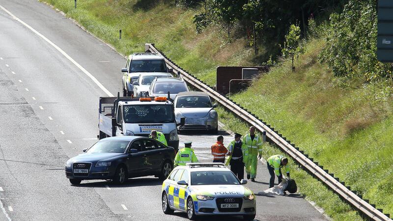 The scene of an accident on the M2 where a woman died after being hit by a bus. Picture by Mal McCann