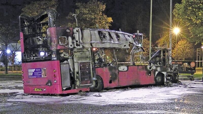 A burnt out bus in Newtownabbey last month. Picture by David Young/PA Wire 