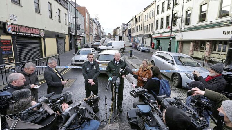PSNI Assistant Chief Constable Mark Hamilton with Superintendent Gordon McCalmont at a press conference close to the remains of a car bomb that exploded in Derry 