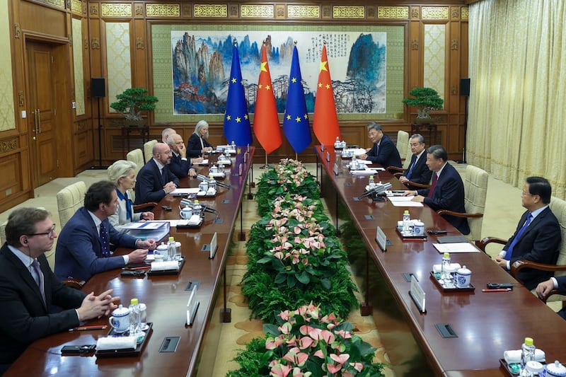 Chinese President Xi Jinping, second right, talks to European Commission president Ursula von der Leyen, third left, and European Council president Charles Michel, fourth left, during their meeting at the Diaoyutai State Guesthouse in Beijing 