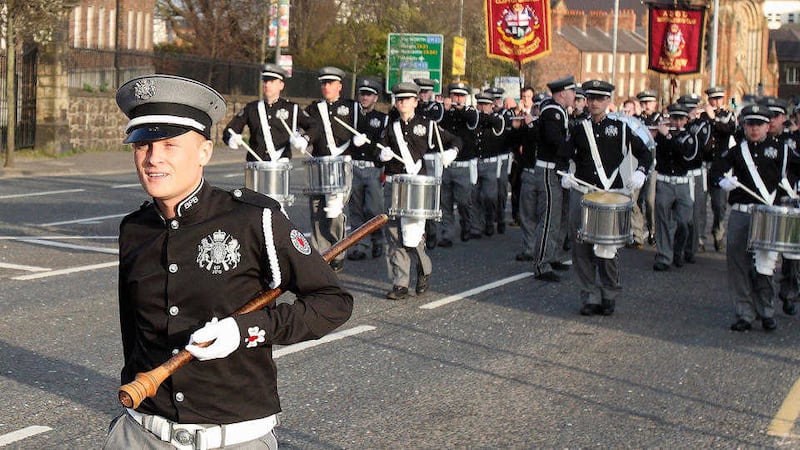 Jamie Bryson leads controversial loyalist band, Bangor Protestant Boys. Picture: Cliff Donaldson 