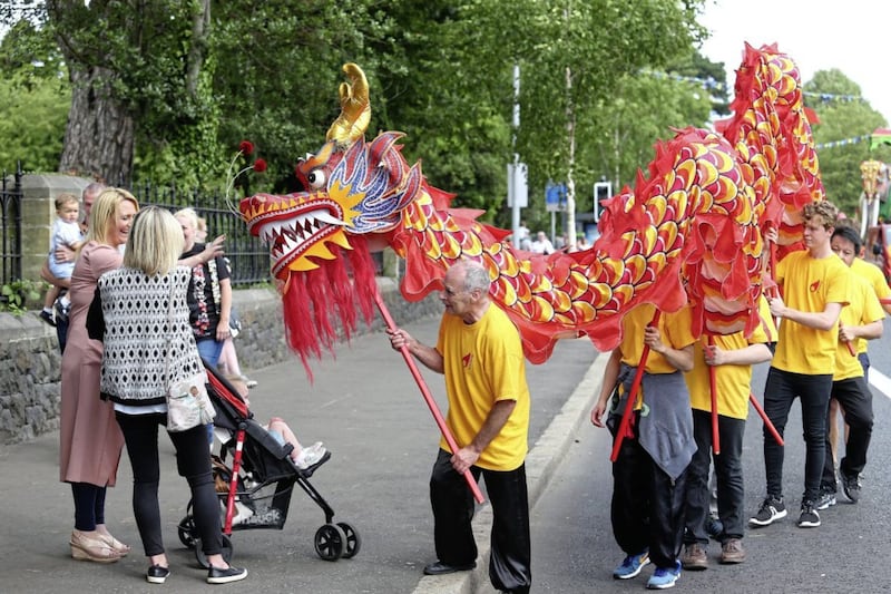 Feile an Phobail carnival parade makes it way from Dunville Park to the Falls Park Picture Mal McCann. 