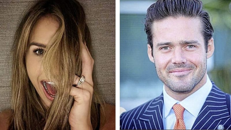 Vogue Williams and her engagement ring plus future husband Spencer Matthews. Pictures from Instagram 