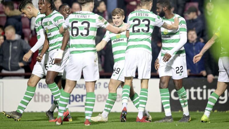 Celtic&#39;s Odsonne Edouard, right, celebrates scoring his side&#39;s second goal in the 2-1 win over Hearts in Wednesday&#39;s Ladbrokes Premiership clash at Tynecastle Picture by PA 