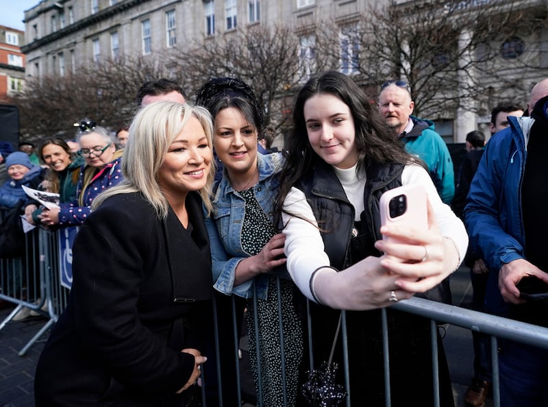 First Minister Michelle O'Neill has her photo taken with members of the public following a ceremony at the GPO on O'Connell Street in Dublin to mark the anniversary of the 1916 Easter Rising.