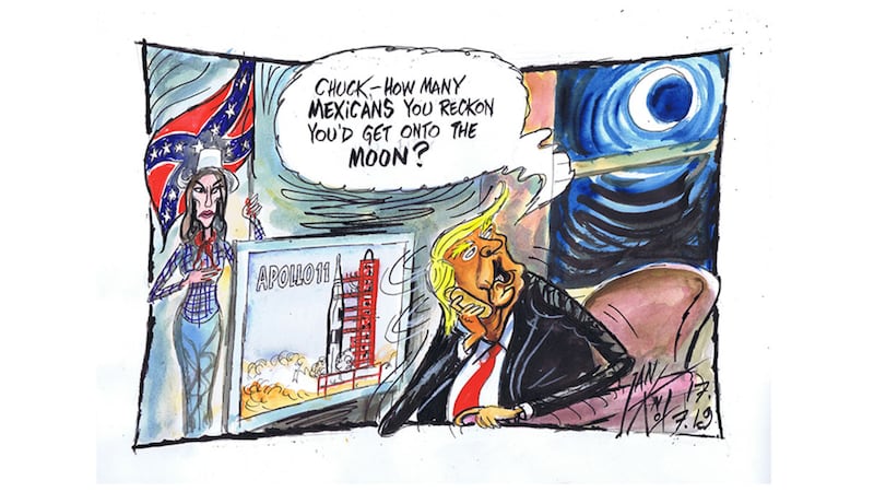 Ian Knox cartoon 11/7/2019 - On the  50th anniversary of the Apollo 11 lunar landing, during a partial lunar eclipse, the US House of Representatives votes to condemn Donald Trump for his &ldquo;racist comments that have legitimised fear and hatred of New Americans and people of colour.&quot;&nbsp;