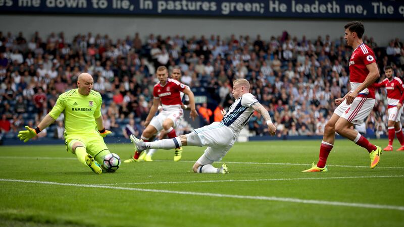 Middlesbrough goalkeeper Brad Guzan saves an effort from West Bromwich Albion's James McClean during Sunday's Premier League match at the Hawthorns<br />Picture by PA&nbsp;