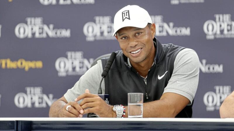 Tiger Woods talking to the media at The Open at Royal Portrush. Picture by Margaret McLaughlin 