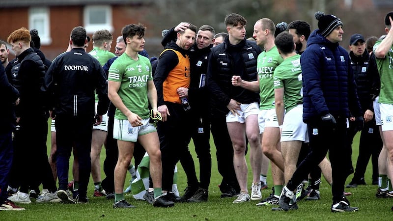 25/2/2023   Fermanaghs   manager   Kieran  Donnelly   celebrates with his players at the final whistle in Saturdays NFL  game at Cprrigan  Park    Picture   Seamus  Loughran 