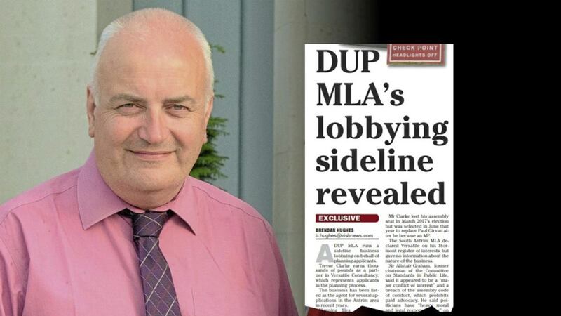 DUP MLA Trevor Clarke, and inset, how The Irish News reported on his sideline planning business 