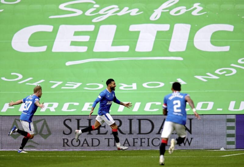 Rangers&#39; Connor Goldson (centre) celebrates scoring his side&#39;s first goal of the game against Celtic during the Scottish Premiership match at Celtic Park, Glasgow on Saturday October 17, 2020. Picture by Jane Barlow/PA. 