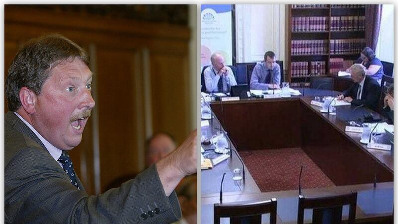 &nbsp;Sammy Wilson (left) brands Stormont committee probing the Nama scandal (right) a 'laughing stock'