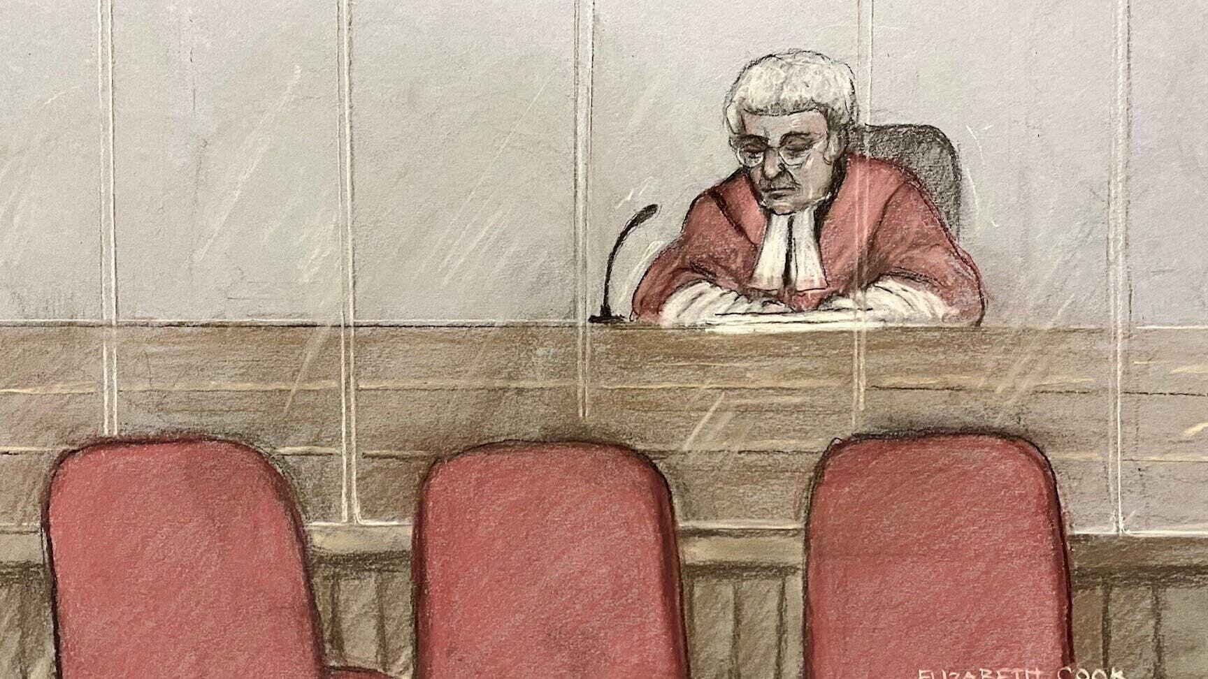Court artist drawing by Elizabeth Cook of empty chairs in court after nurse Lucy Letby refused to attend Manchester Crown Court during her trial (Elizabeth Cook, PA)