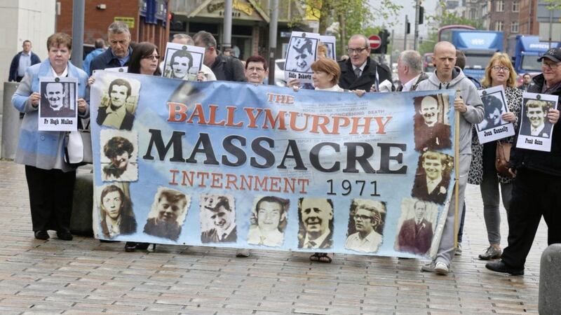 The Ballymurphy families outside the High Court in Belfast. Picture by Hugh Russell 