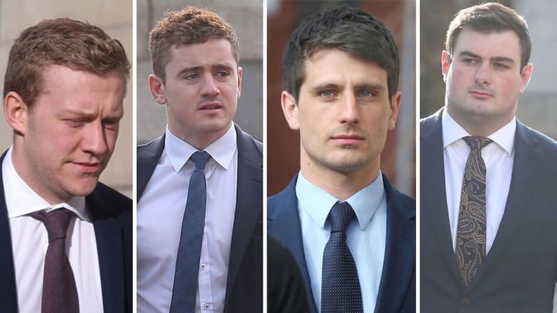 (l-r) Stuart Olding, Paddy Jackson, Blane McIlroy and Rory Harrison arrive at Belfast Crown Court this morning. Pictures by Hugh Russell&nbsp;