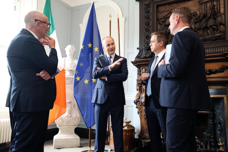 Tánaiste Micheál Martin, speaks with the leaders of the Trade NI delegation in Dublin on Thursday (L-R): Colin Neill, Brian Murphy, Glyn Roberts and Stephen Kelly.