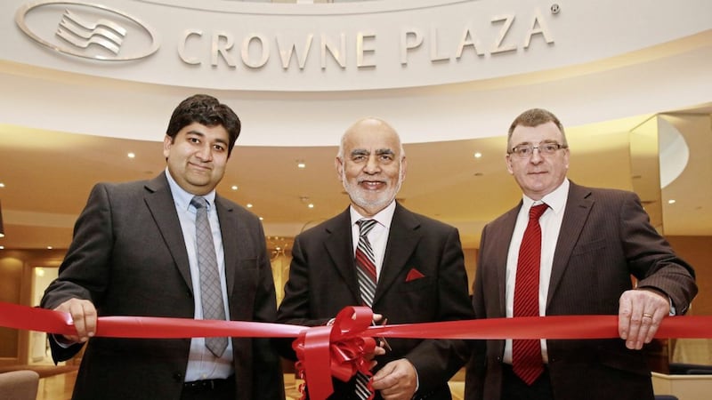 Karan Khanna of the IHG Group with Lord Diljit Rana of Andras Hotels and Crowne Plaza general manager George Graham 
