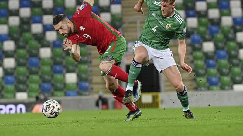 Northern Ireland defender Daniel Ballard challenging for the ball against Bulgaria in March&#39;s World Cup 2022 qualifier. Pic Colm Lenaghan/Pacemaker 
