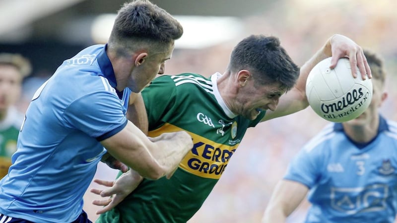 Dublin&#39;s David Byrne and Kerry&#39;s Paul Geaney in action during the GAA Football All-Ireland Senior Championship final Replay between Dublin and Kerry at Croke Park Dublin Saterday 09-14-2019. Pic Philip Walsh. 