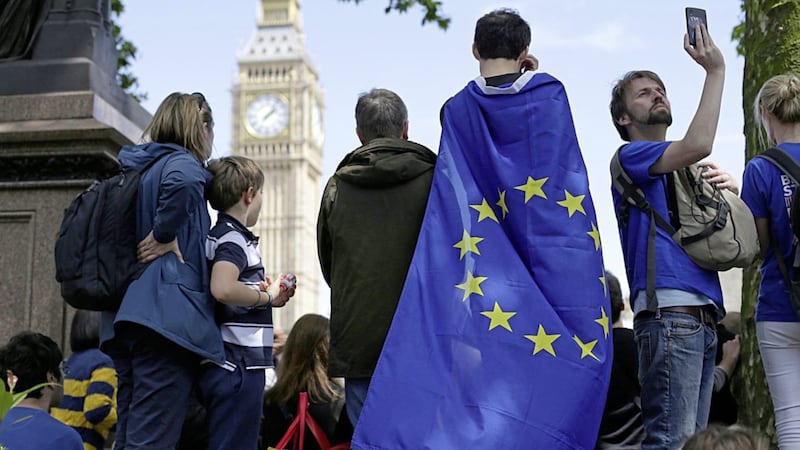 People taking part in a March for Europe rally in London. Nurses, social workers and teaching assistants will be among EU workers lobbying MPs on Monday over their right to remain in the UK 