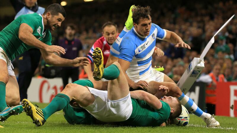 Argentina's Joaquin Tuculet goes over for a try during Sunday's Rugby World Cup win against Ireland at the Millennium Stadium<br />Picture: PA