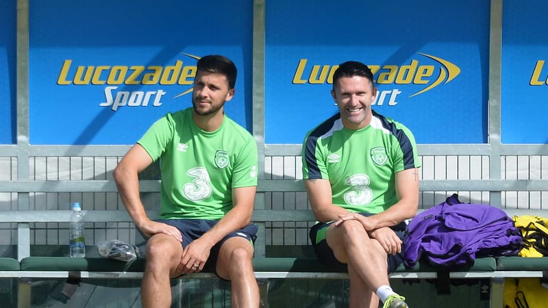 The Republic of Ireland's Robbie Keane with Shane Long during a training session at the National Sports Campus in Dublin on Monday<br />Picture by PA