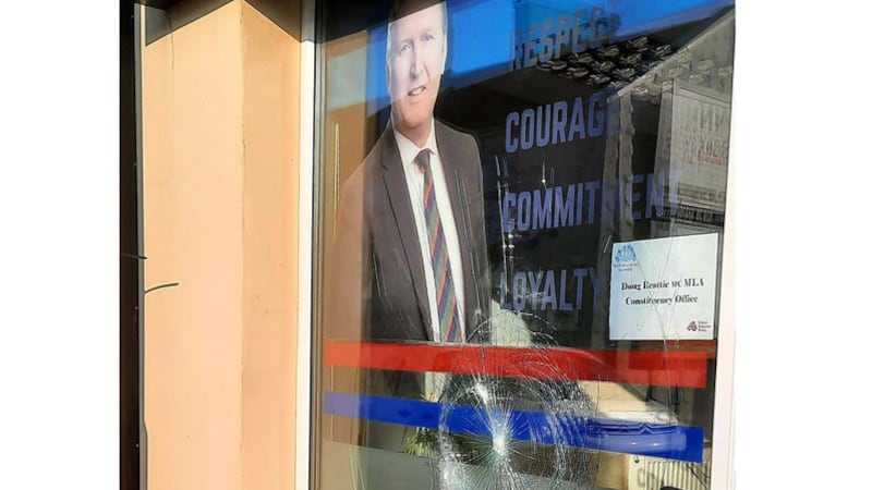 The damage to the offices of constituency office of UUP leader Doug Beattie in Portadown, Co Armagh, after it was attacked hours after he announced that his party was withdrawing from participating in loyalist rallies against Brexit's Northern Ireland Protocol. Picture by Ulster Unionist Party/PA Wire&nbsp;
