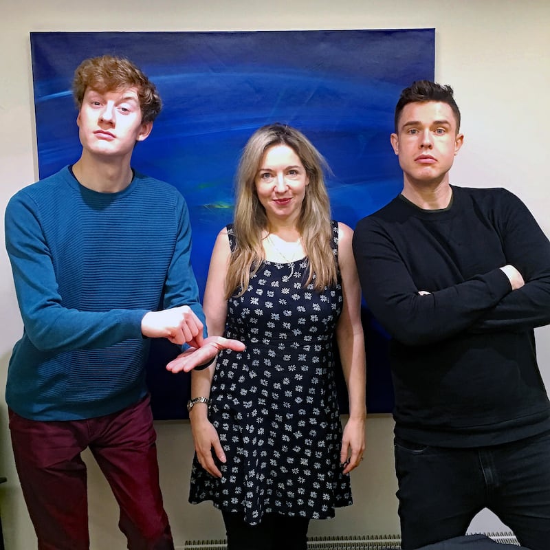 Ed Gamble and James Acaster with Victoria Coren Mitchell recording the Off Menu podcast
