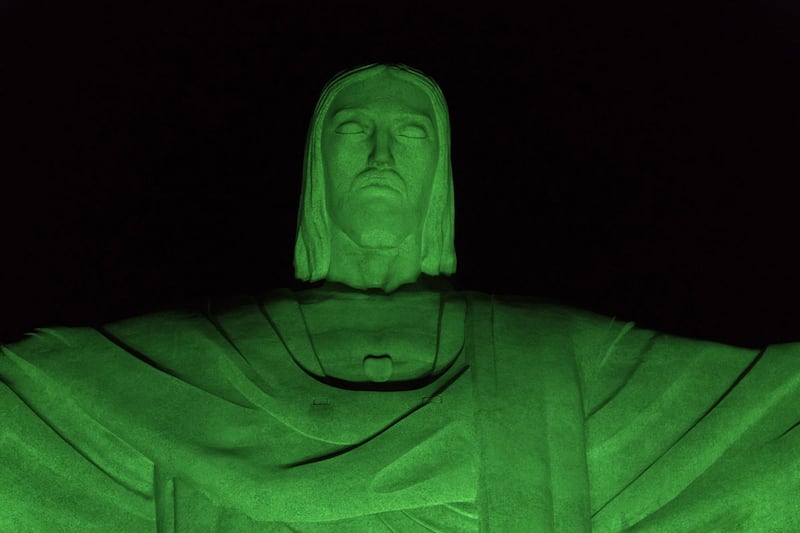 Christ the Redeemer statue is illuminated in green in honor of St. Patrick's Day in Rio de Janeiro, Brazil&nbsp;