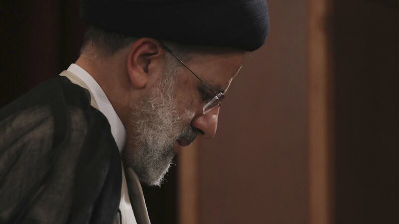Iran's new president-elect Ebrahim Raisi leaves at the conclusion of his press conference in Tehran, Iran, Monday, June 21, 2021 (AP Photo/Vahid Salemi)&nbsp;