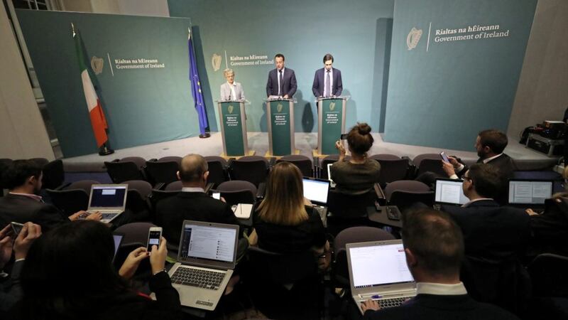 Briefing the media on Monday night as they announced the government&#39;s plans for a referendum on Ireland&#39;s abortion laws were, pictured left to right, Minister for Children and Youth Affairs Katherine Zappone, Taoiseach Leo Varadkar and Minister for Health Simon Harris. Picture by Niall Carson/PA Wire 