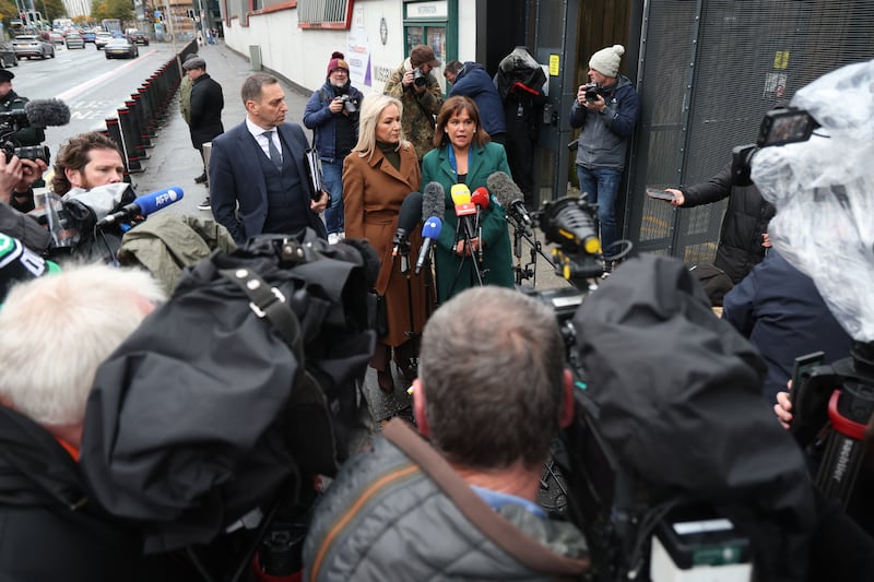 Mary Lou McDonald and Michelle O’Neill attend PSNI station over Garvaghy Road protest