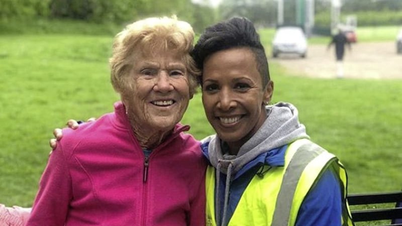 Grace Chambers pictured at the Ormeau parkrun with Dame Kelly Holmes. 