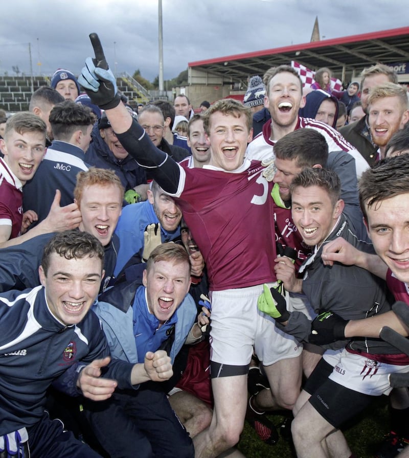 Rogers leads the three in-a-row celebrations after Slaughtneil beat Loup in the Derry Senior Football Championship final at Celtic Park <br />Picture by Margaret McLaughlin