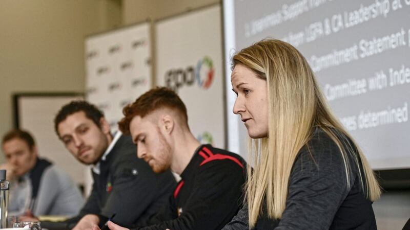 GPA Equality, Diversity and inclusion manager Gemma Begley (right), alongside Conor Meyler (centre), and GPA CEO Tom Parsons (left). <br />Photo by David Fitzgerald/Sportsfile