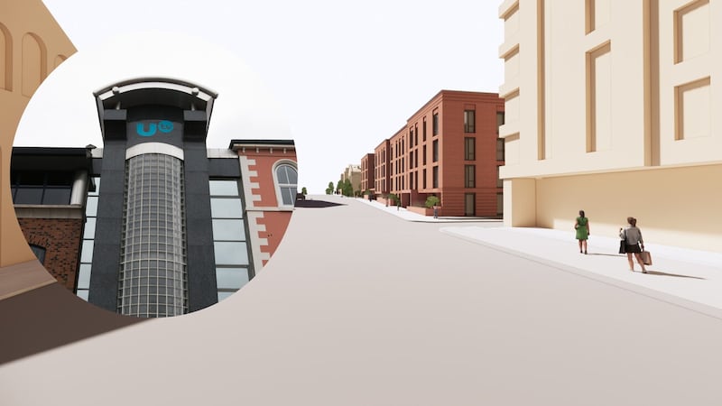 An early CGI produced in support of Lotus Property's social housing proposal at Havelock House, the former base for UTV (inset).