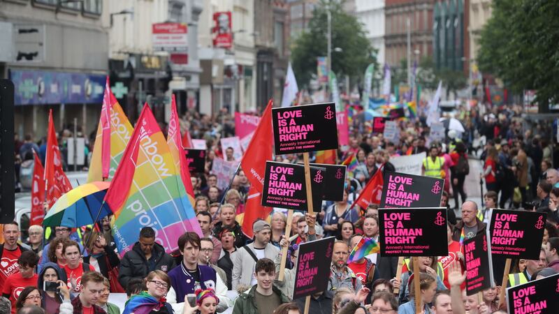 Campaigners calling for the introduction of same sex marriage in Northern Ireland during a parade and rally in Belfast City centre.  Saturday July 1, 2017. Photo from Niall Carson/PA Wire.&nbsp;